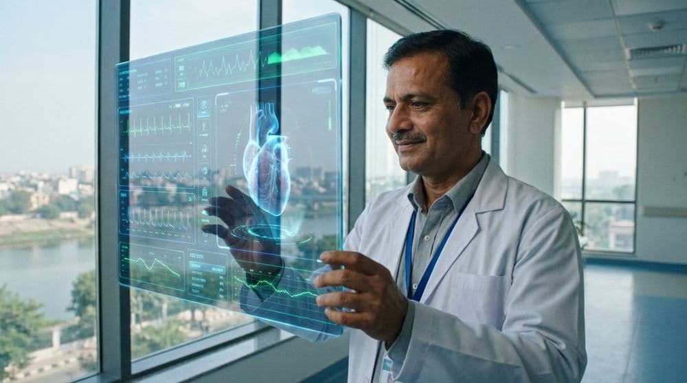 An Indian doctor using advanced AI technology in a modern hospital to analyze patient data, representing the future of AI in Indian healthcare. An Indian doctor using advanced AI technology in a modern hospital to analyze patient data, representing the future of AI in Indian healthcare.