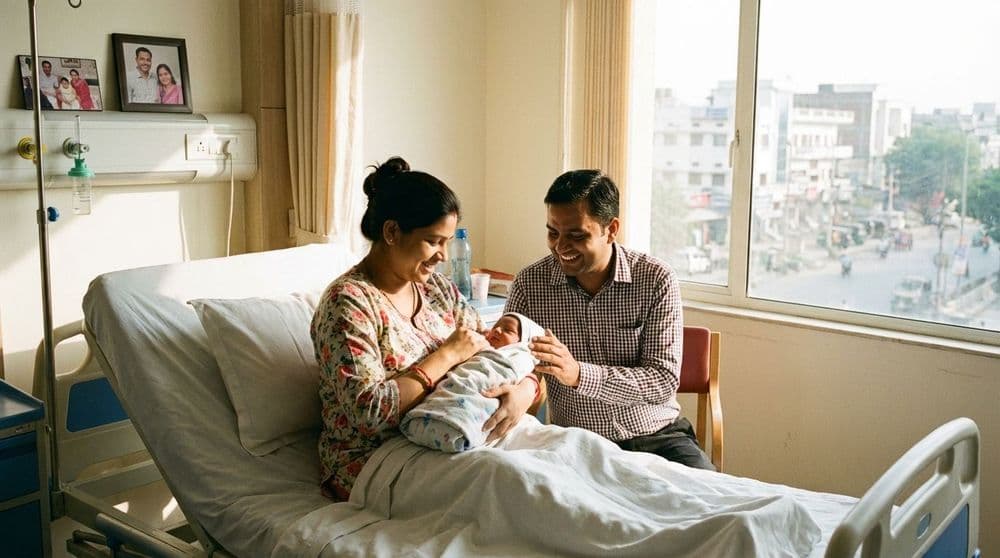 A new mother and father in North India smiling at their newborn baby in a hospital room after a successful delivery. A new mother and father in North India smiling at their newborn baby in a hospital room after a successful delivery.