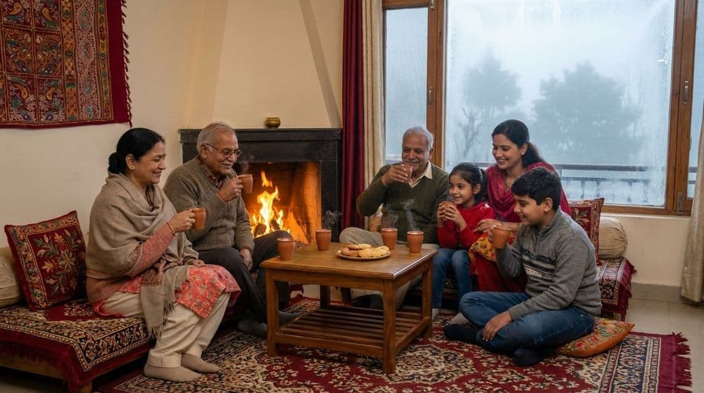 A family staying warm and safe during the North India cold wave by drinking hot tea. A family staying warm and safe during the North India cold wave by drinking hot tea.