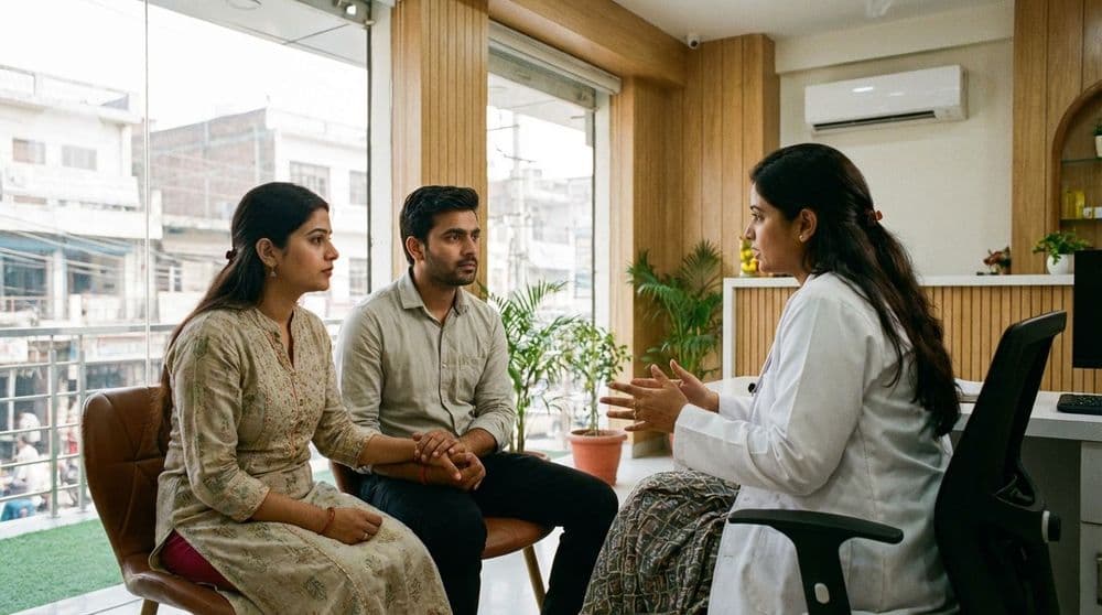 A young North Indian couple discussing contraception myths and facts with a gynecologist in a clinic. A young North Indian couple discussing contraception myths and facts with a gynecologist in a clinic.