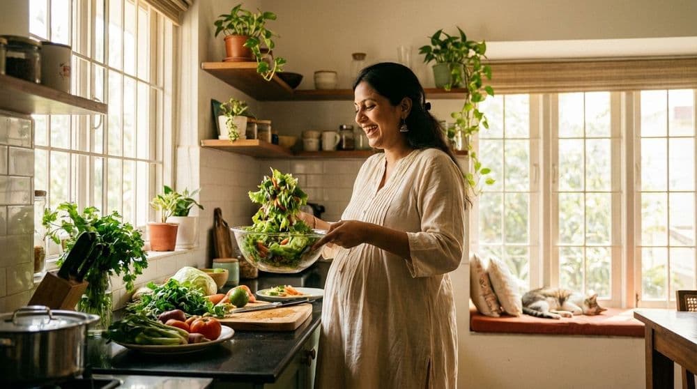 A pregnant Indian woman preparing a healthy meal to manage gestational diabetes. A pregnant Indian woman preparing a healthy meal to manage gestational diabetes.