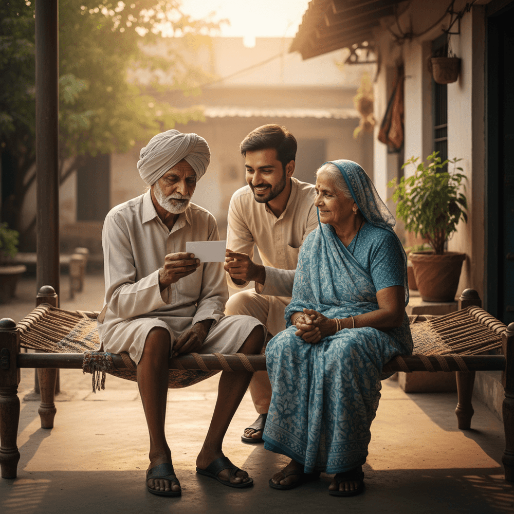 An elderly couple in Haryana learning about the new cashless health scheme from a family member. An elderly couple in Haryana learning about the new cashless health scheme from a family member.