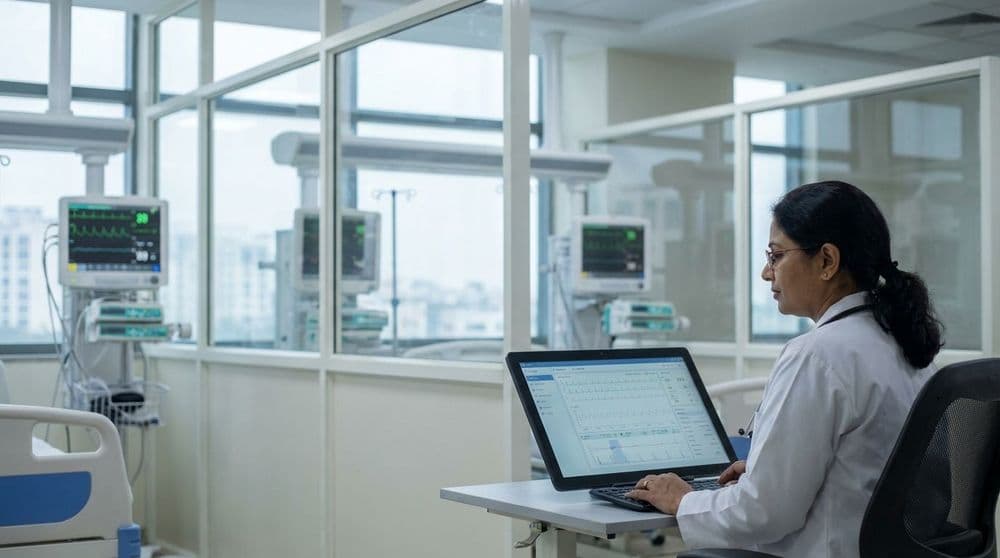A doctor in a modern Indian ICU uses a digital tablet to monitor a patient, showcasing the digital health revolution in critical care. A doctor in a modern Indian ICU uses a digital tablet to monitor a patient, showcasing the digital health revolution in critical care.