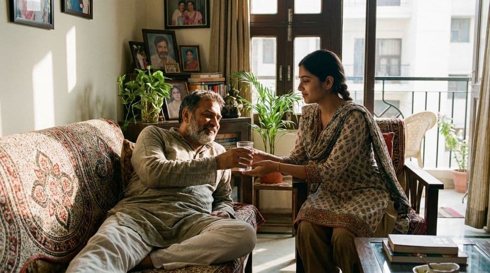 A man recovering at his home in North India after surgery, with his family member providing care. A man recovering at his home in North India after surgery, with his family member providing care.