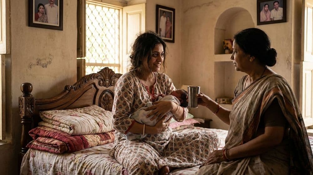 A North Indian mother navigating postpartum recovery with her newborn baby and the support of her family in a peaceful home setting. A North Indian mother navigating postpartum recovery with her newborn baby and the support of her family in a peaceful home setting.