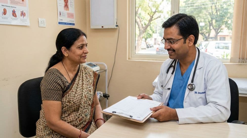 Anesthesiologist discussing the pre-anesthesia checkup (PAC) process with a patient in a hospital in North India. Anesthesiologist discussing the pre-anesthesia checkup (PAC) process with a patient in a hospital in North India.