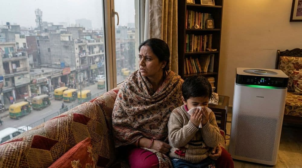 North Indian family dealing with winter health issues, differentiating between allergy and smog symptoms with an air purifier running in their Delhi home. North Indian family dealing with winter health issues, differentiating between allergy and smog symptoms with an air purifier running in their Delhi home.