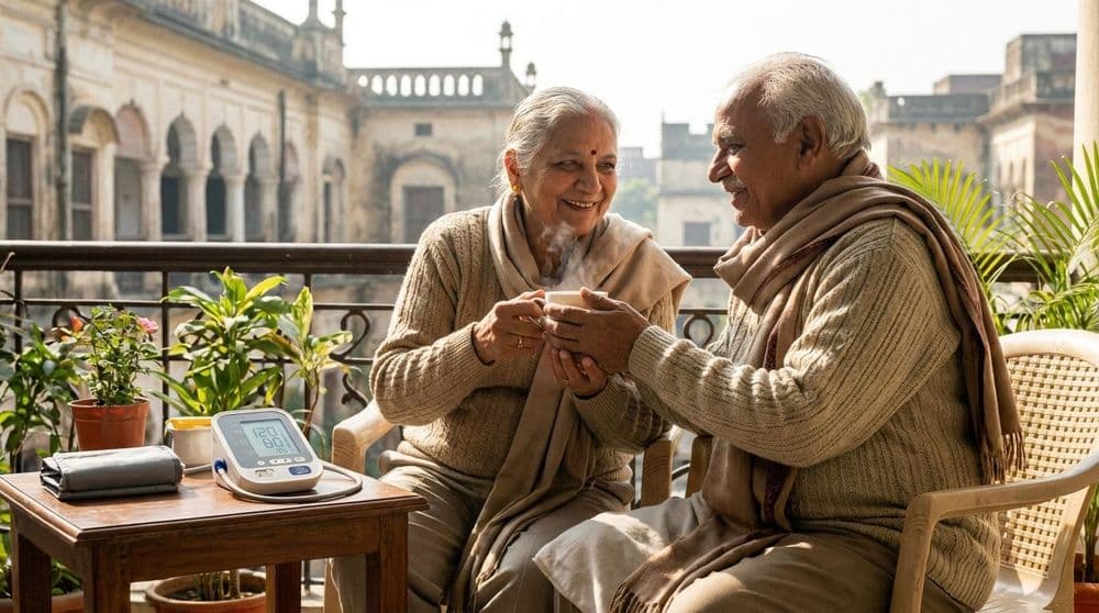 An elderly North Indian couple taking preventive measures against winter stroke risk by staying warm and monitoring their health. An elderly North Indian couple taking preventive measures against winter stroke risk by staying warm and monitoring their health.